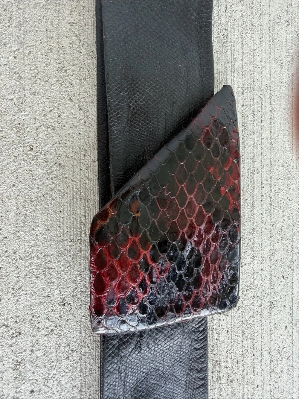 Vintage Wide Leather Stretch Belt with Genuine Snakeskin Buckle Black Burgundy